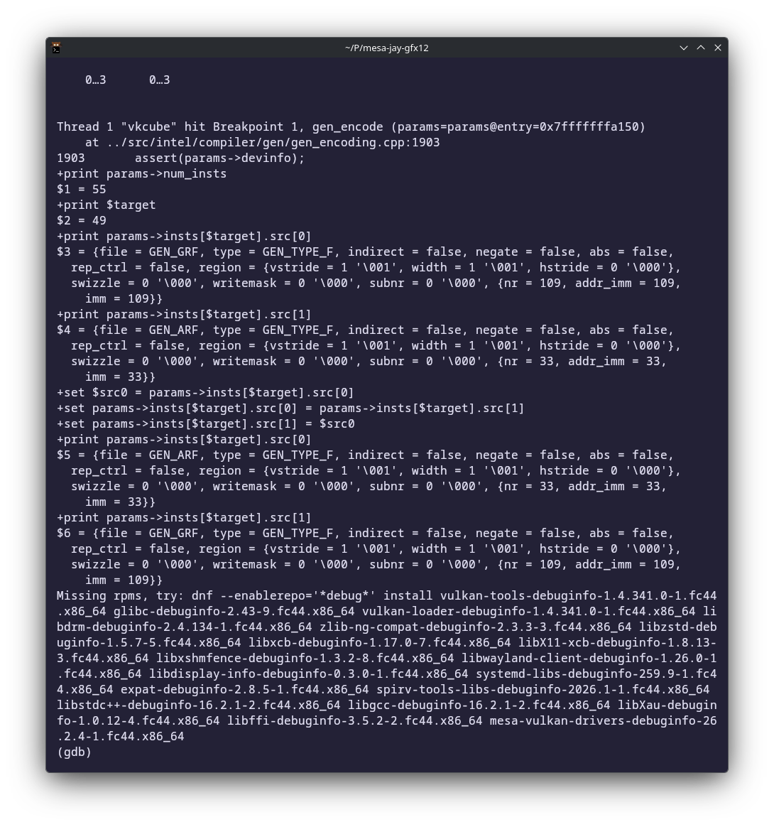 GDB stopped in gen_encode while the source operands of the failing multiplication are inspected and swapped